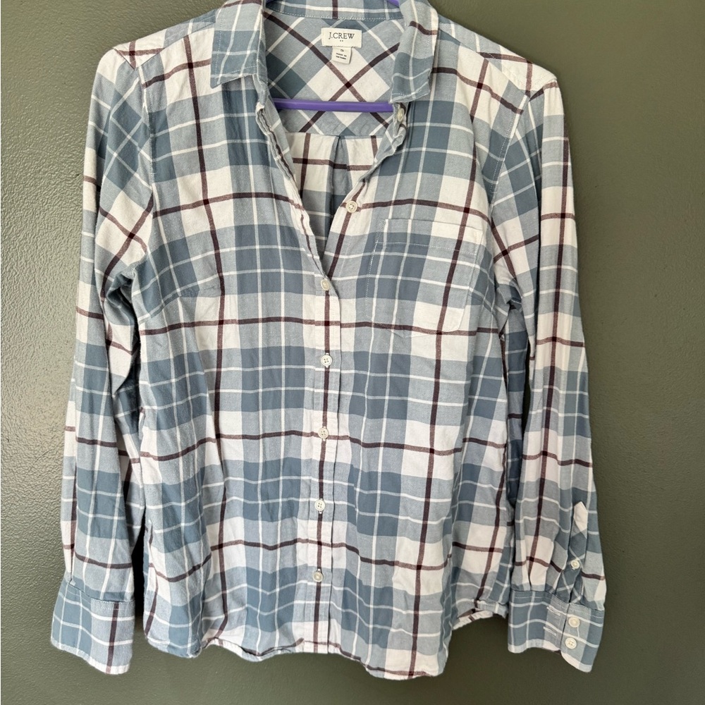 J. Crew blue and White Plaid Button-Up Shirt with Brown Accents